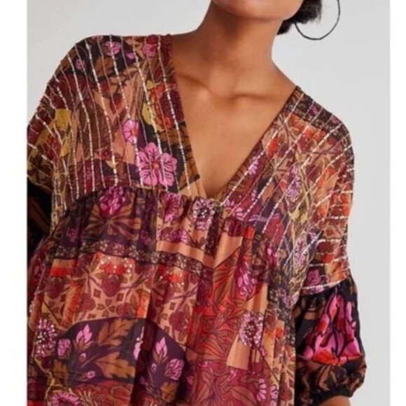 Free People Too Much To Dream Brown Pink Floral Tiered Beads Maxi NWT Size XS - Picture 2 of 14